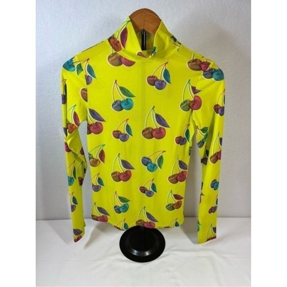 Terez Halftone Cherries Mesh Mock Neck Top Pepperoncini Yellow Size S